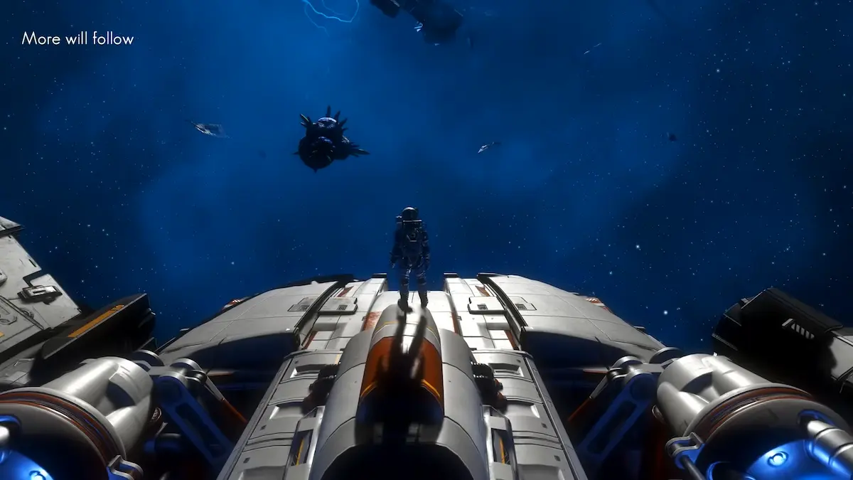 A derelict corvette ship drifting in space in No Man’s Sky’s Breach update.