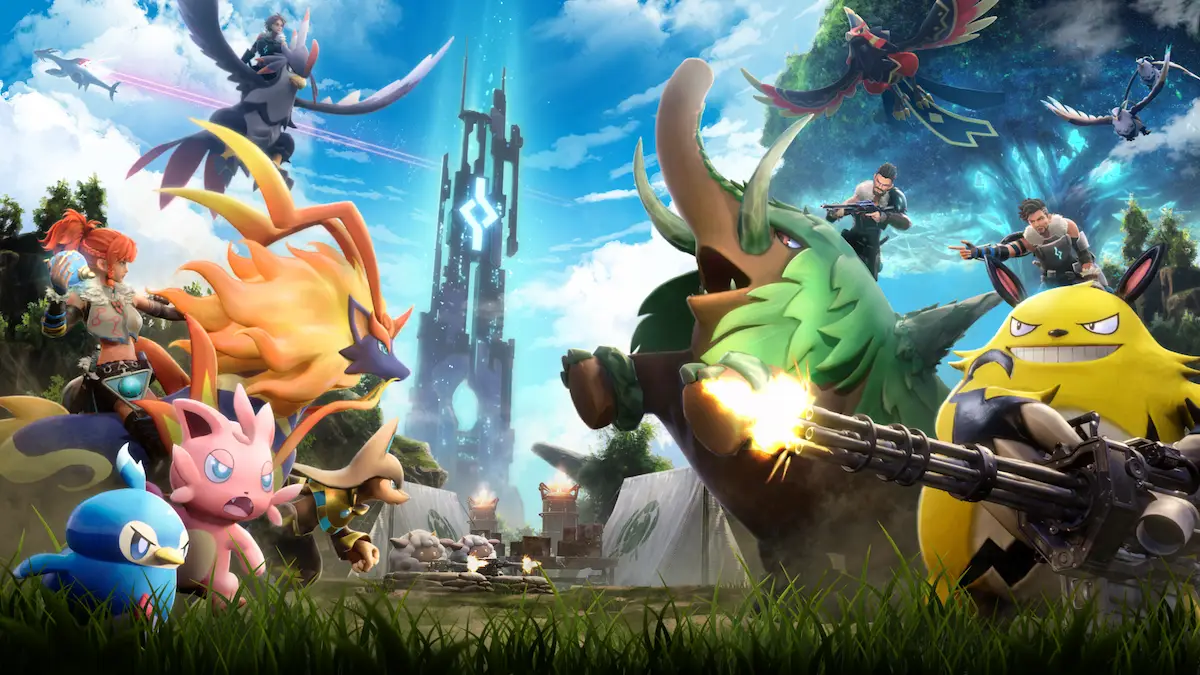 Palworld 1.0 launch key art featuring new Pals and the iconic tower